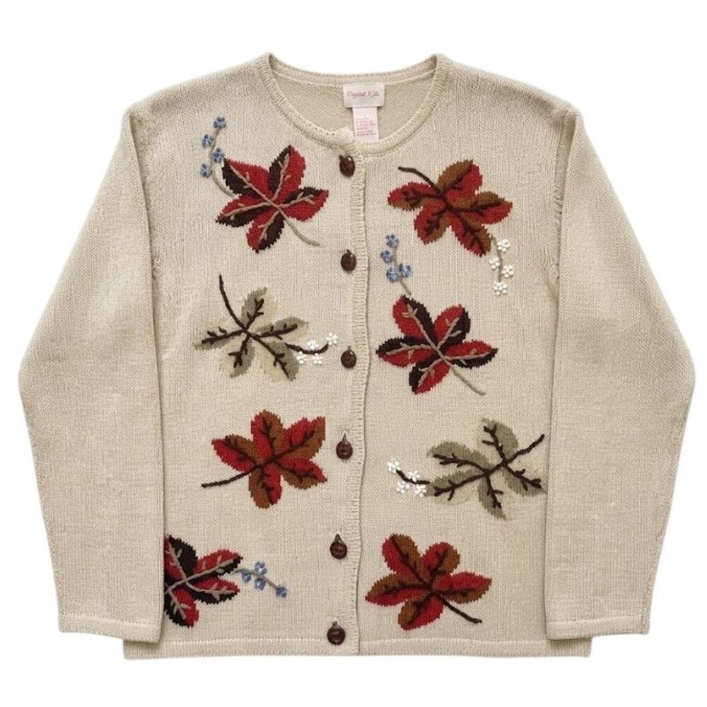 Crystal-Kobe Vintage Autumn Leaf Intarsia Cardigan Women L Tan Cottagecore Fall